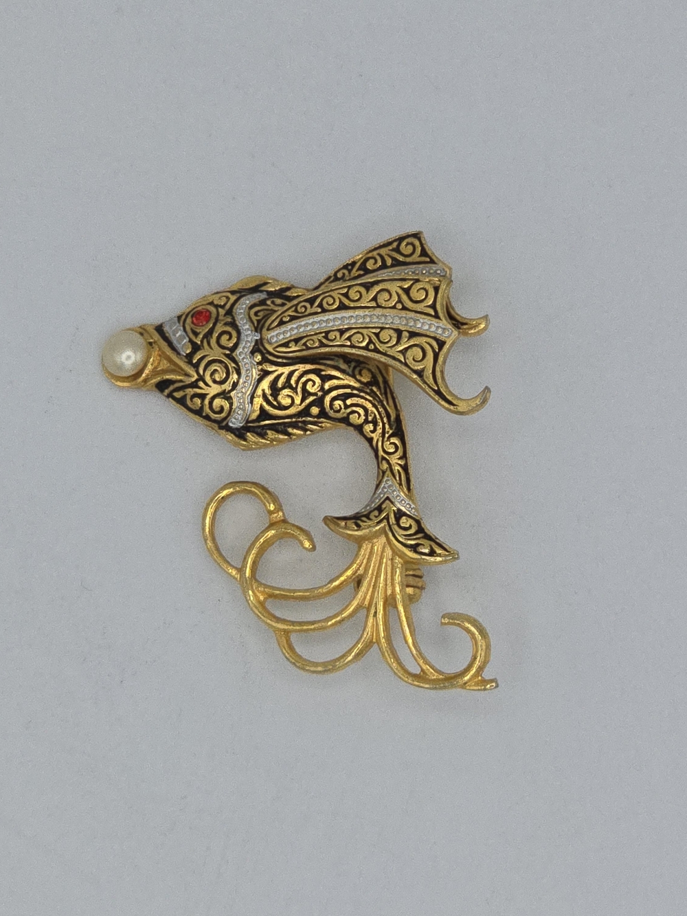 VTG Flying Koi Fish Brooch Gold Tone Damascene Style Faux Pearl Rhinestone 1.5"